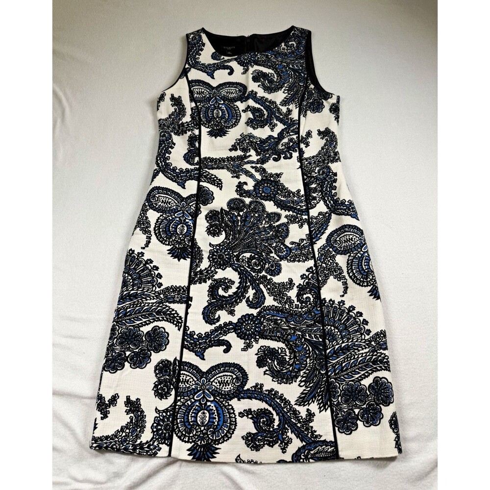 Talbots Women Shift Dress 4P Petites Paisley White Blue Black Lined Zip Back 520